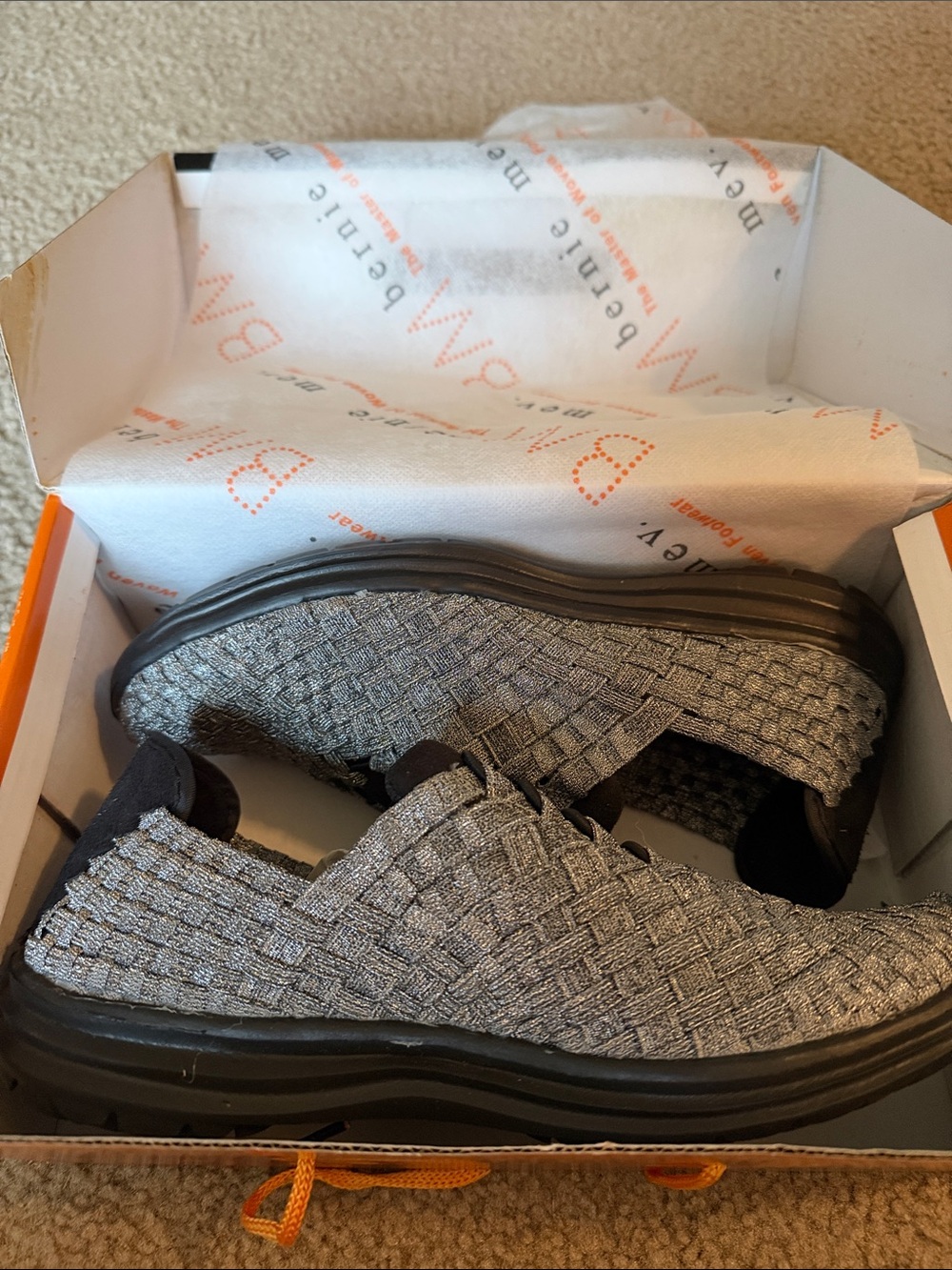 bernie mev. Black and Pewter Woven Slip-On Shoes